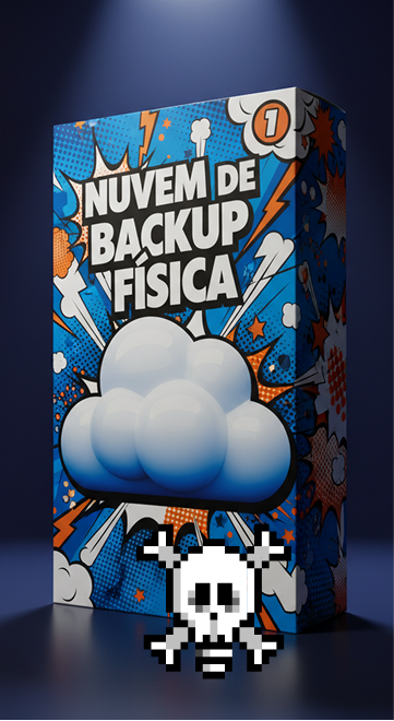 Nuvem de Backup Física flutuando sobre uma mesa, com cabos soltos ao redor